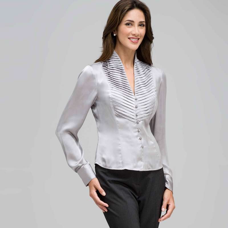 Pleated Bib Long Sleeve Shirt, Silver Grey, large image number 0